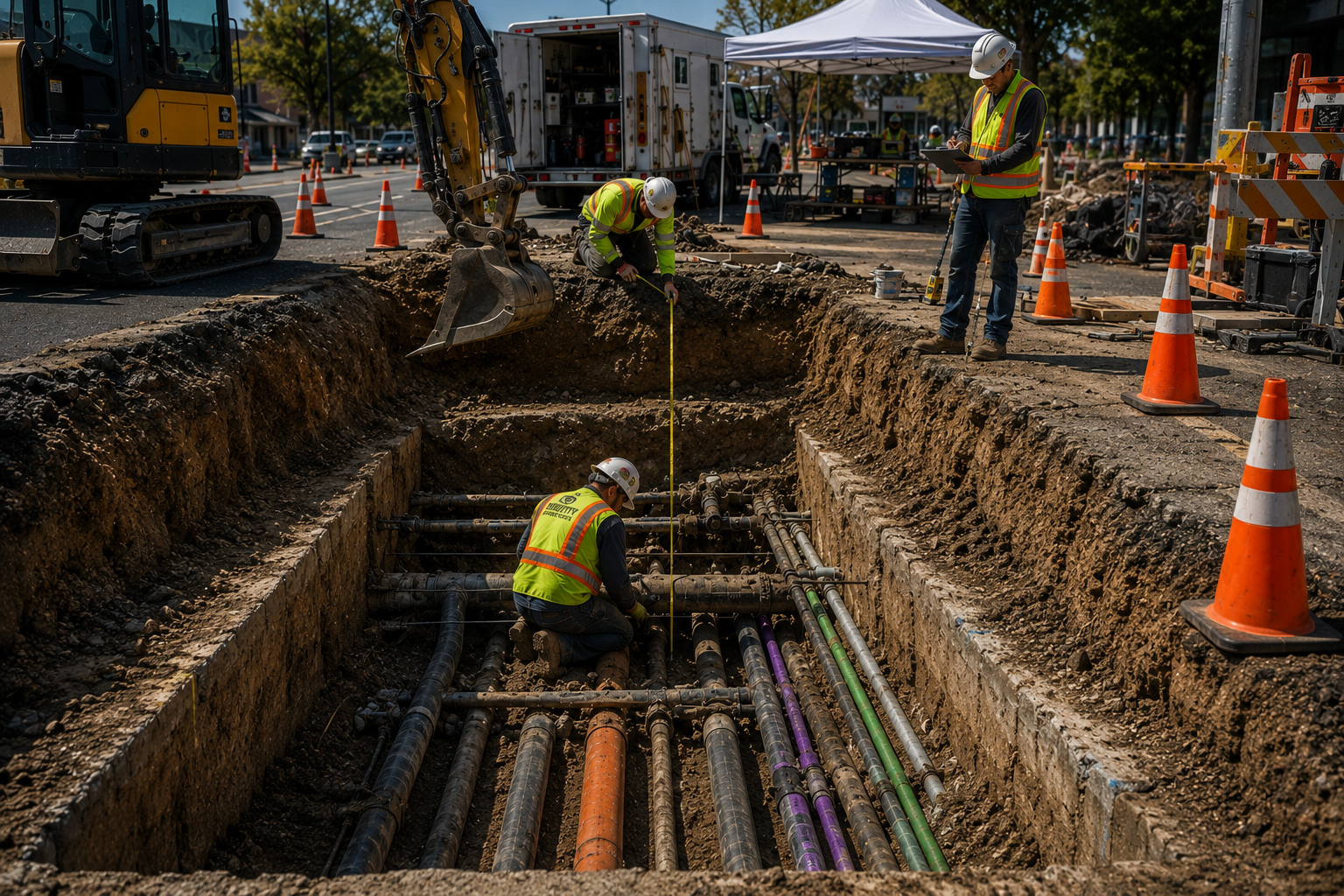 Construction workers in safety vests and helmets working in an open trench with pipes, surrounded by orange traffic cones, on a city street.