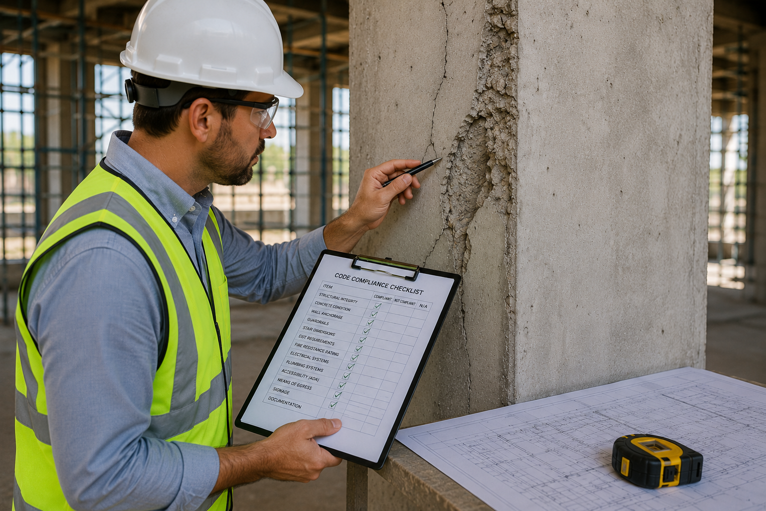 A construction worker wearing a white safety helmet, safety glasses, and a neon yellow safety vest stands at a construction site. He is examining a crack in a concrete wall with a pen in his hand. He holds a clipboard with a code compliance checklist on it, and there are blueprints and a measuring tape on a table nearby.