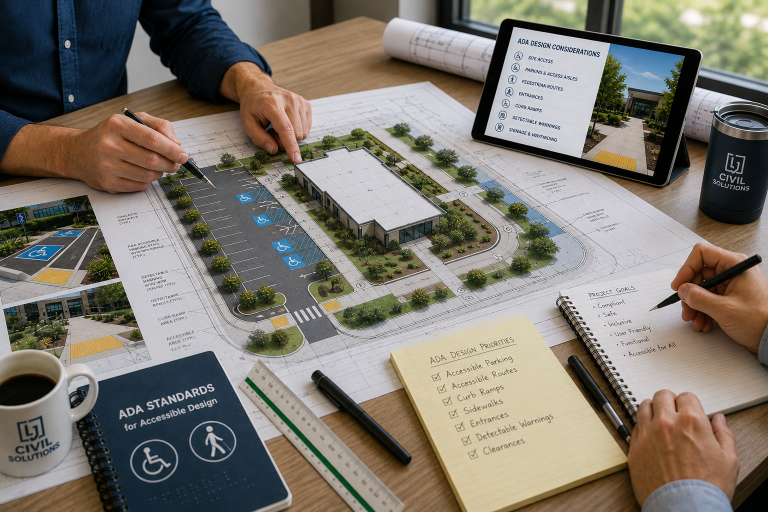 A detailed site plan for an accessible parking lot and building, with people working on the design. The table has notes, a ruler, a coffee mug, an iPad displaying ADA design considerations, and printed images of the design.