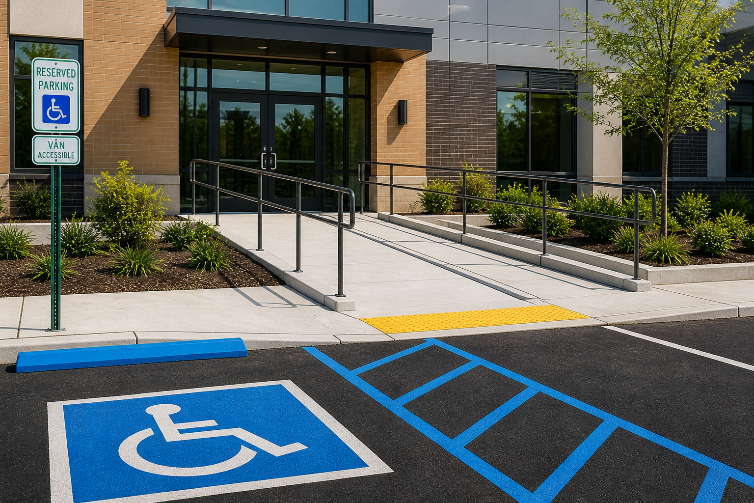 Accessible parking space with a blue disabled symbol painted on the asphalt, leading to a building entrance with a wheelchair ramp, handrails, and a reserved parking sign.