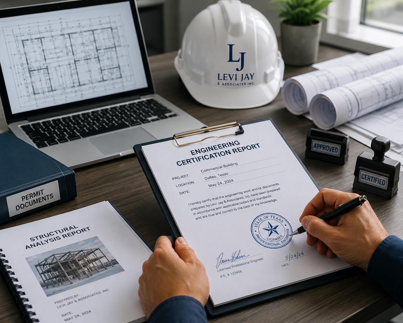 Person signing an engineering certification report at a desk with blueprints, a laptop displaying a building plan, a white safety helmet with 'Levi Jay & Associates Inc.', a potted plant, rolled architectural plans, a blue permit documents binder, and approval stamps.