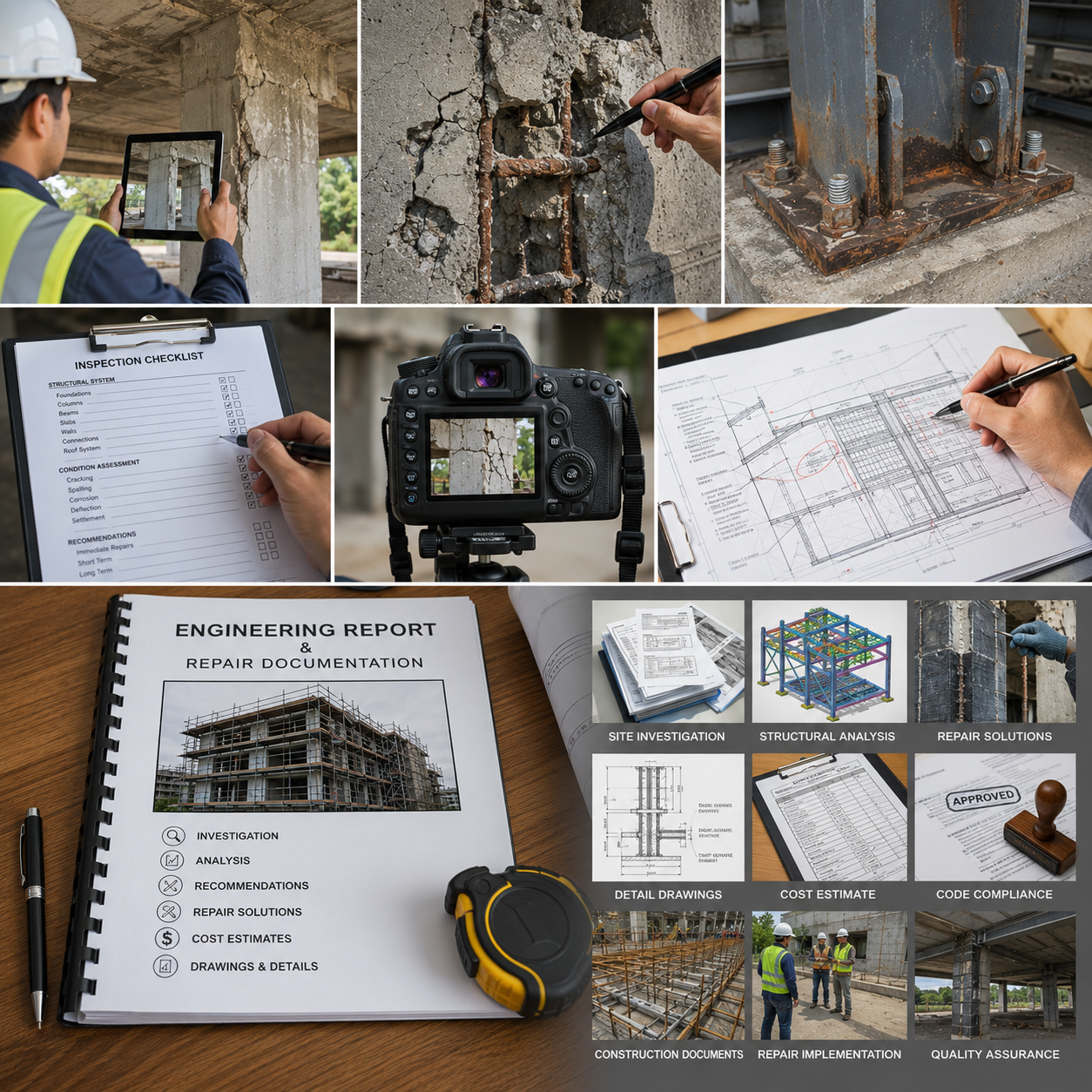Compilation of images showing building construction and inspection activities, including structural analysis, site investigation, repair solutions, engineering reports, blueprints, site workers, and construction documents.