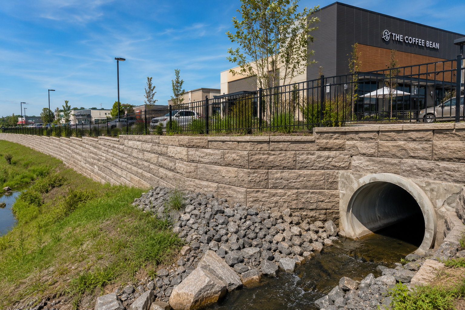 A landscaped retaining wall with a drainage pipe, a small stream, and a shopping center with parking lot and stores, including The Coffee Bean, in the background.
