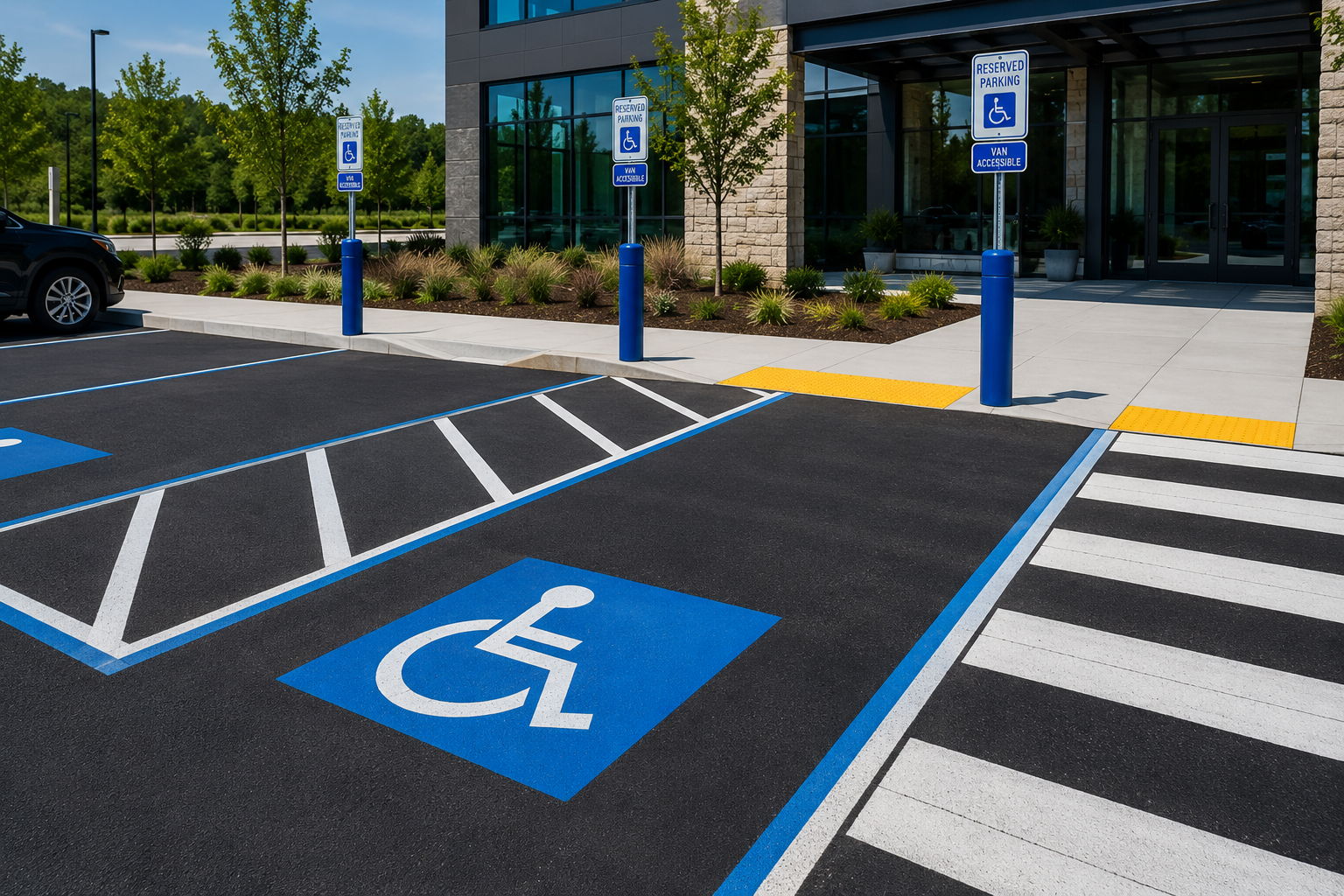 Reserved parking spaces for people with disabilities with blue signs and markings, curb ramps with yellow tactile warning strips, outside a modern building entrance with glass doors and windows, surrounded by greenery.