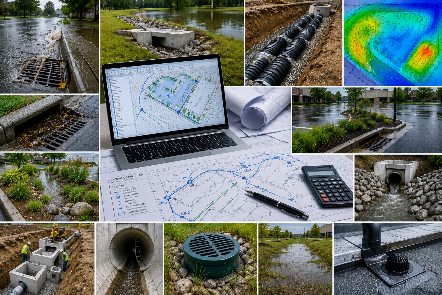 Collage of images showing stormwater management and drainage system planning, including storm drain filters, underground pipes, a storm drain plan, a drainage pipe installation, and an urban stormwater pond.