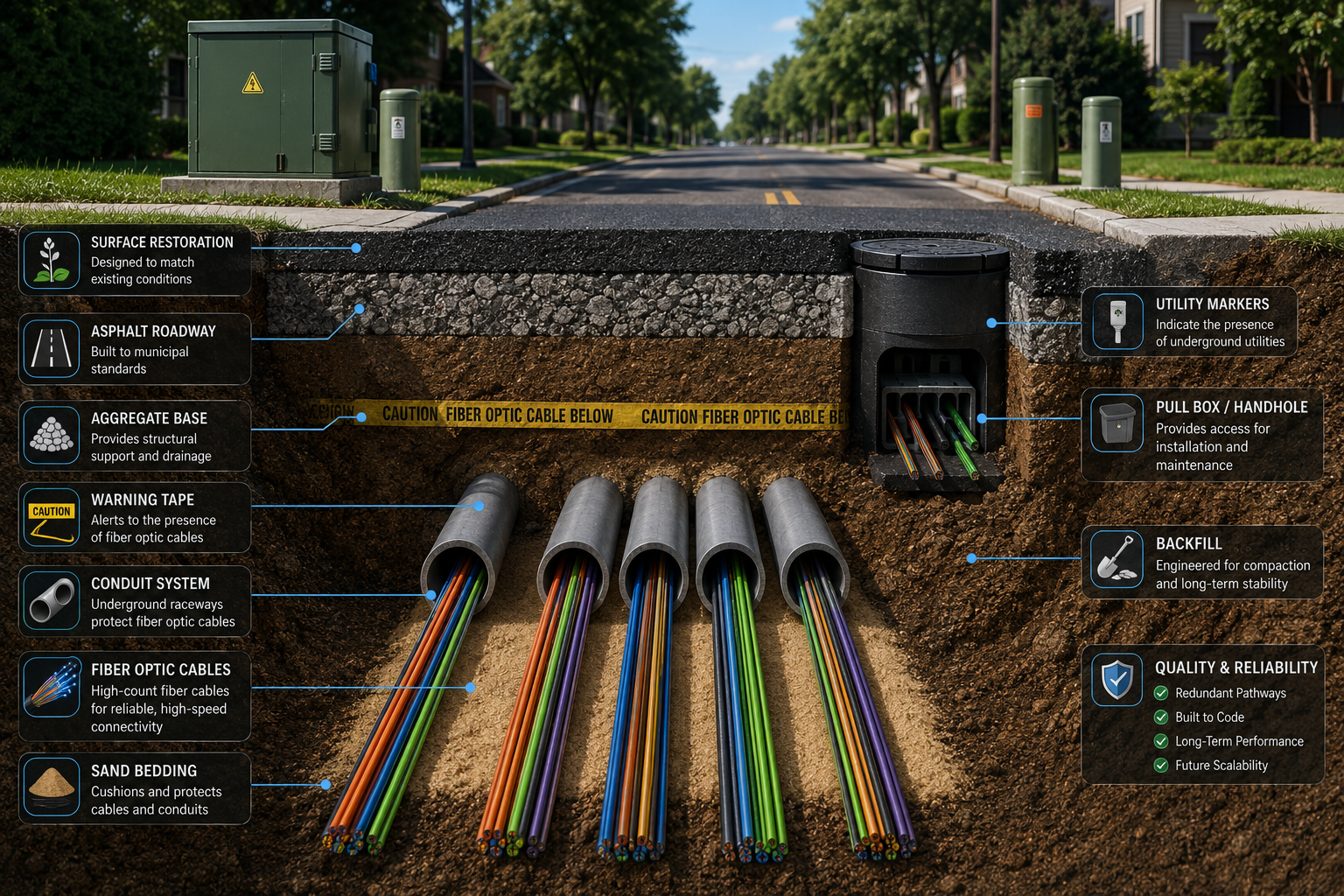 Illustration of underground fiber optic cable installation showing surface restoration, asphalt roadway, aggregate base, warning tape, conduit system, fiber optic cables, sand bedding, utility markers, pull box, backfill, and labels explaining each component.