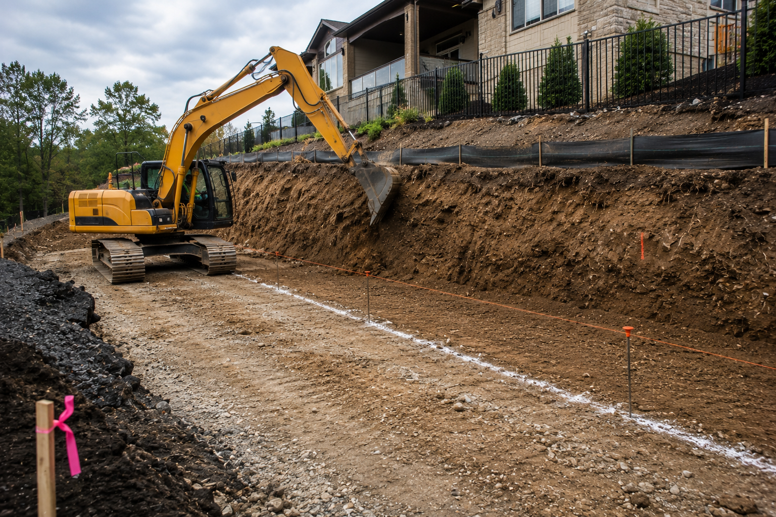 Construction site with a yellow excavator digging into the ground next to a residential building with a stone facade and black fencing, surrounded by green trees.