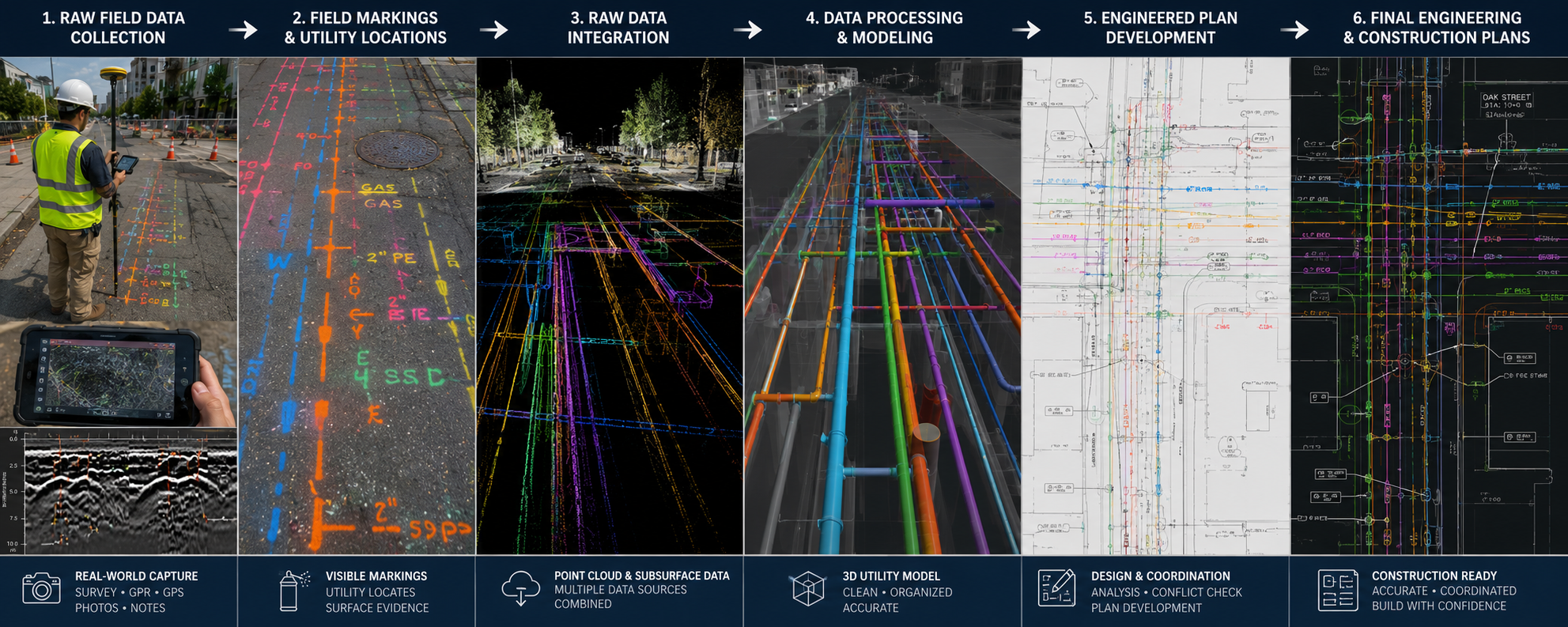 A graphic showing the six stages of utility infrastructure development, from raw field data collection to final engineering and construction plans, including images of construction sites, data mapping, 3D modeling, and engineering schematics.
