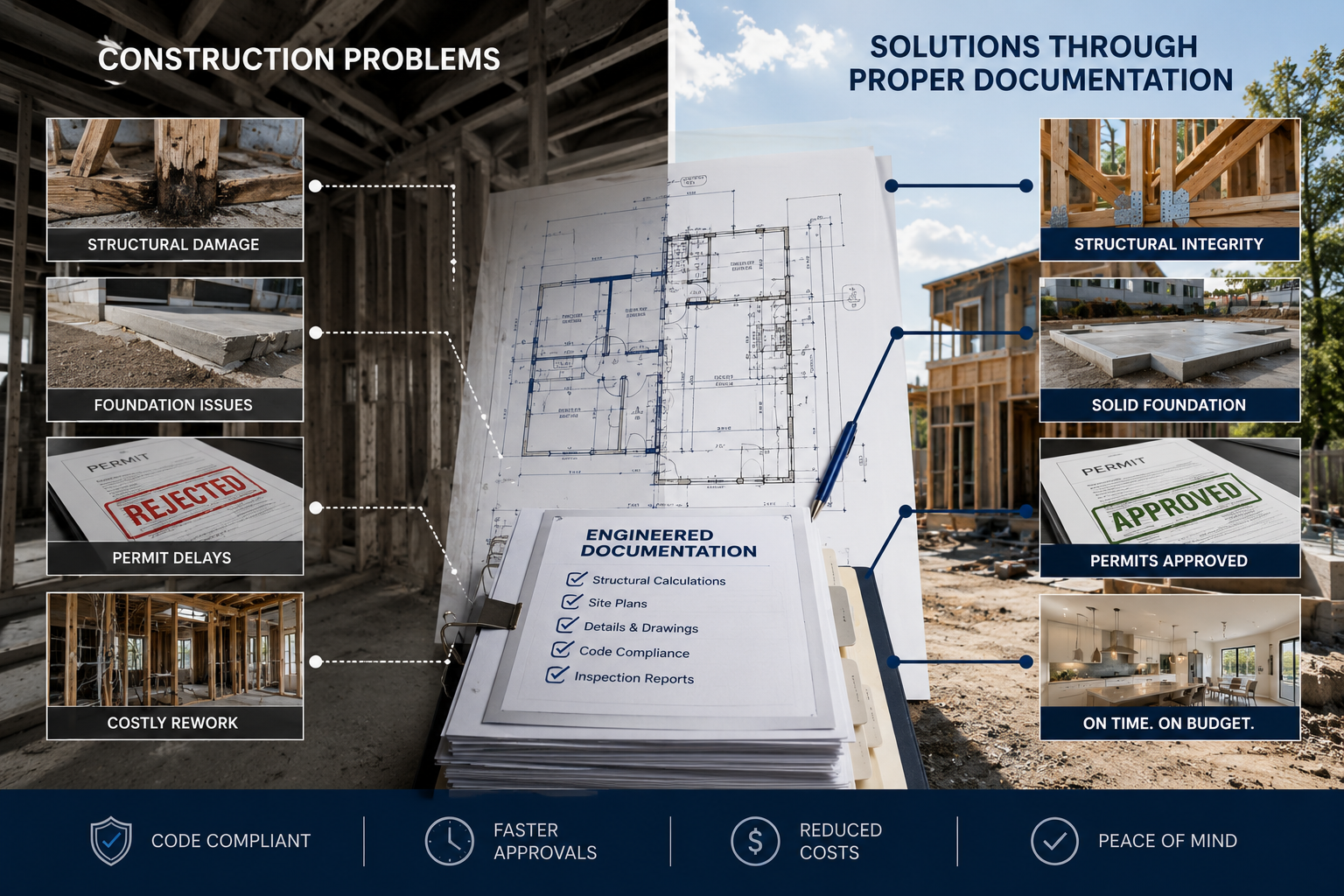 A construction site comparison graphic showing problems like structural damage, foundation issues, permit delays, and costly rework on the left, versus solutions like structural integrity, solid foundation, permits approved, and on-time, on-budget project completion on the right. In the center, engineering documentation with a blueprint and a checklist of structural calculations, site plans, details, code compliance, and inspection reports.