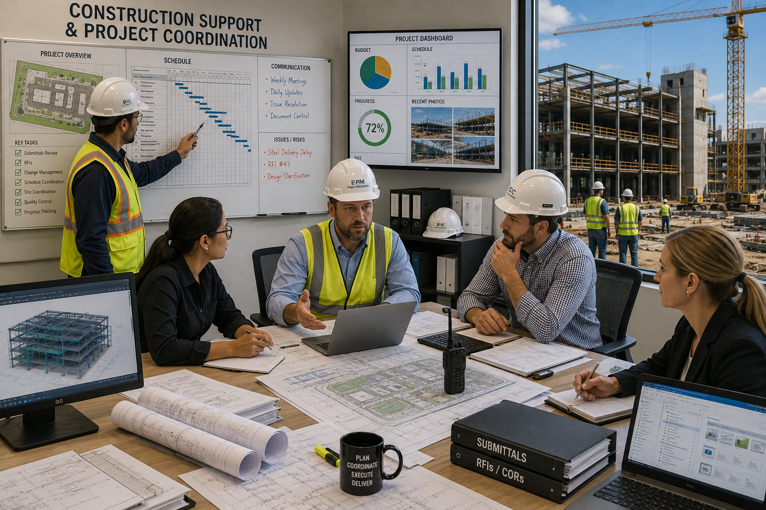 Construction site meeting with workers and project managers discussing plans, with construction ongoing outside and project boards with charts and schedules inside.