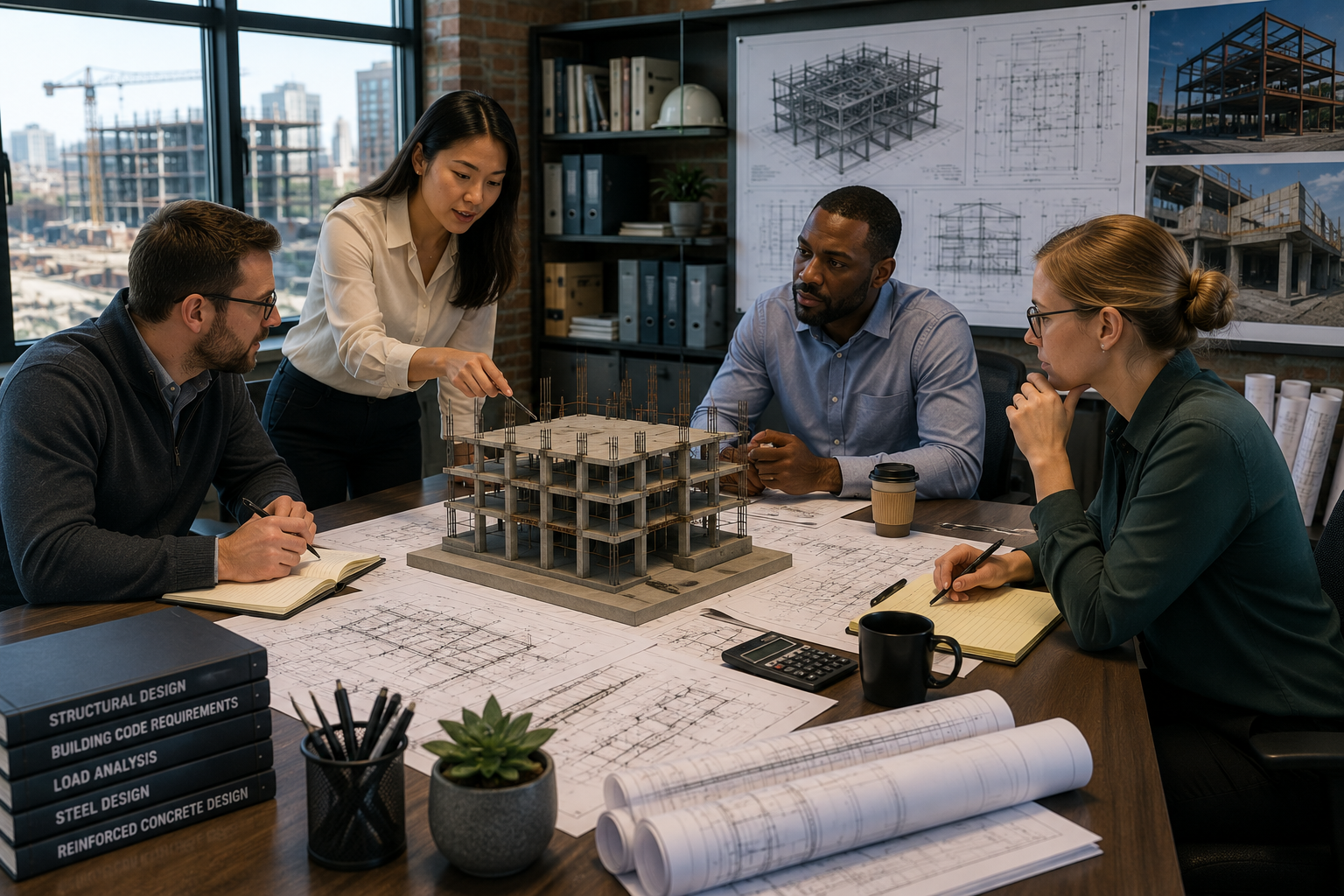 Group of four architects reviewing a scale model of a building at a drafting table filled with blueprints, notebooks, and design books in an office with large windows and construction plans on the walls.