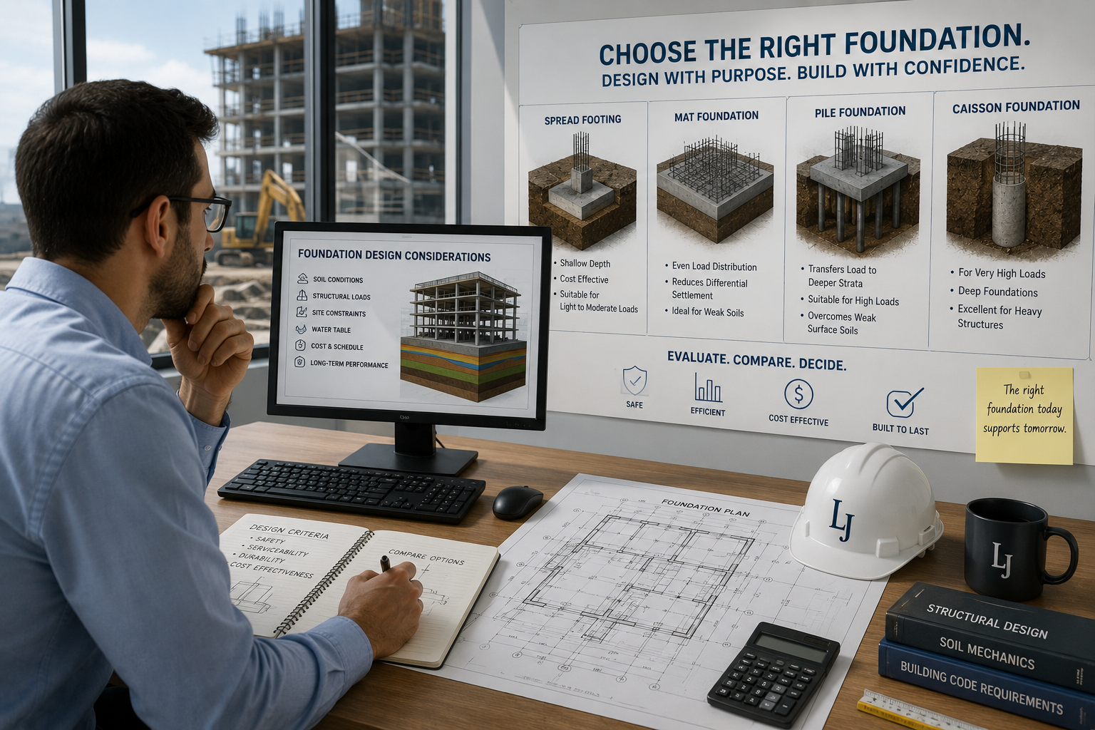 A man in glasses and a blue shirt reviewing a construction site plan and notes at a desk with a desktop computer, a hard hat, a coffee mug, a calculator, and books, with construction cranes and buildings visible through the window and a large construction board with foundation options and considerations.