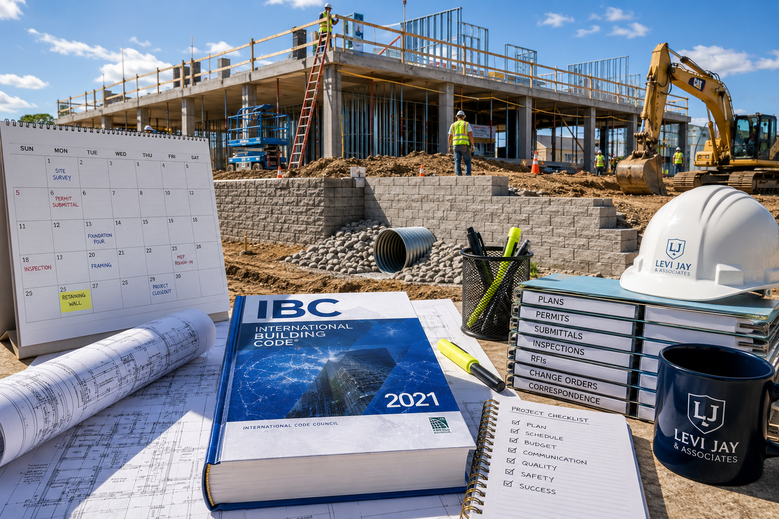 A construction site with workers on an unfinished building, construction materials, and equipment. In the foreground, there are blueprints, a project checklist, a calendar with scheduled tasks, and branding materials for Levi Jay & Associates and IBC 2021.