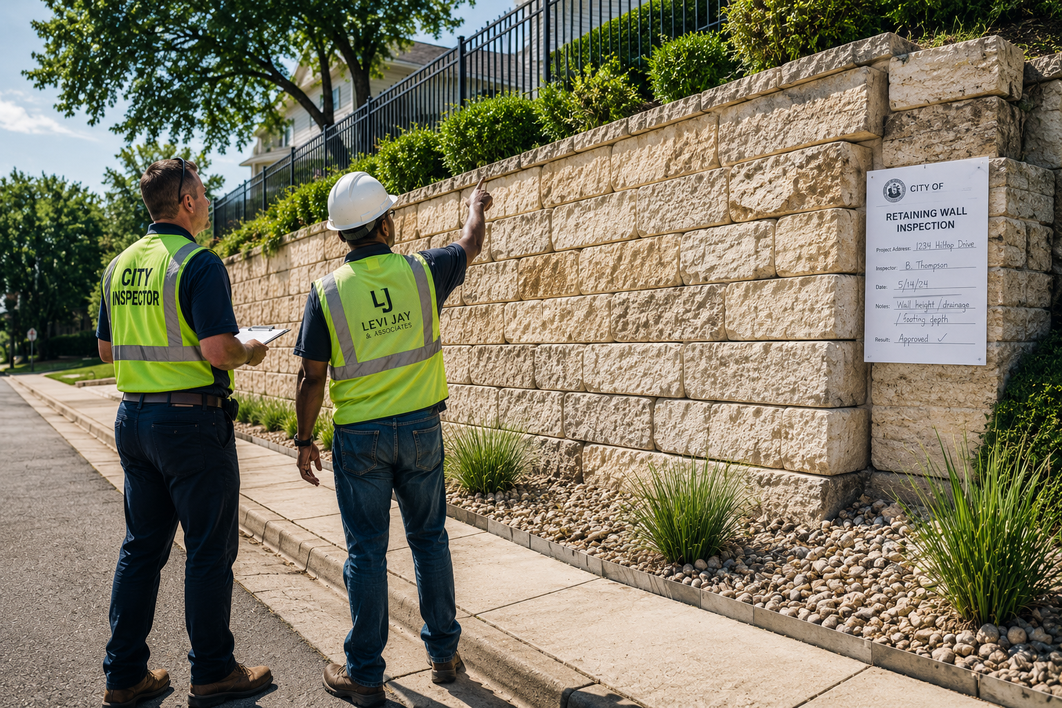 Two city inspectors in yellow safety vests reviewing a retaining wall inspection report on a stone wall beside a sidewalk. One inspector is pointing at the wall, while the other is holding a clipboard, looking at the wall.
