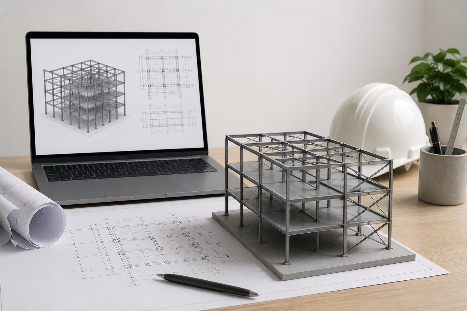 Architectural workspace with a scale model of a building on a wooden desk, blueprints, a laptop displaying a 3D building frame, rolled blueprints, a hard hat, and drawing tools, with a potted plant in the background.