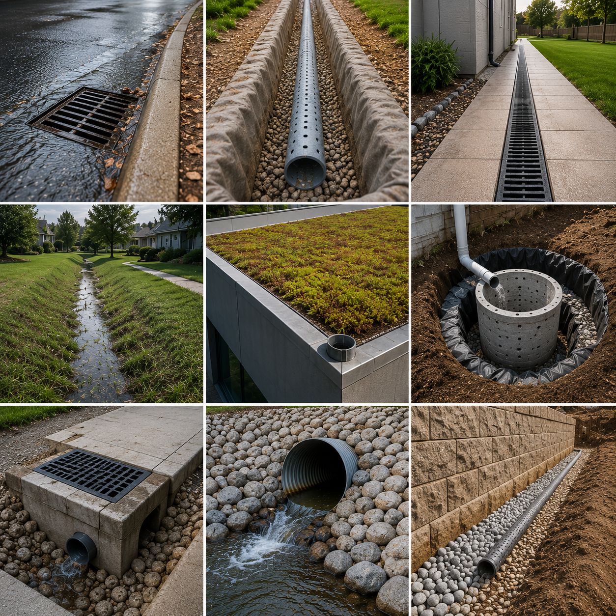 Collection of images showing different drainage systems and components including storm drains, pipes, grated drains, and a green roof with drainage layers, all used for water management and drainage in urban and residential areas.