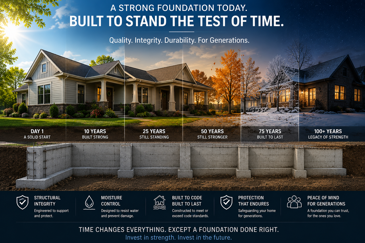 A graphical illustration of the evolution of house foundations over time, with six sections showing the same house at different ages from day 1 to over 100 years, highlighting durability and strength. Below the house images, there's a cutaway of foundation construction, and icons with labels emphasizing structural integrity, moisture control, code compliance, protection, and peace of mind for generations. The text encourages investing in strong foundations for lasting homes.