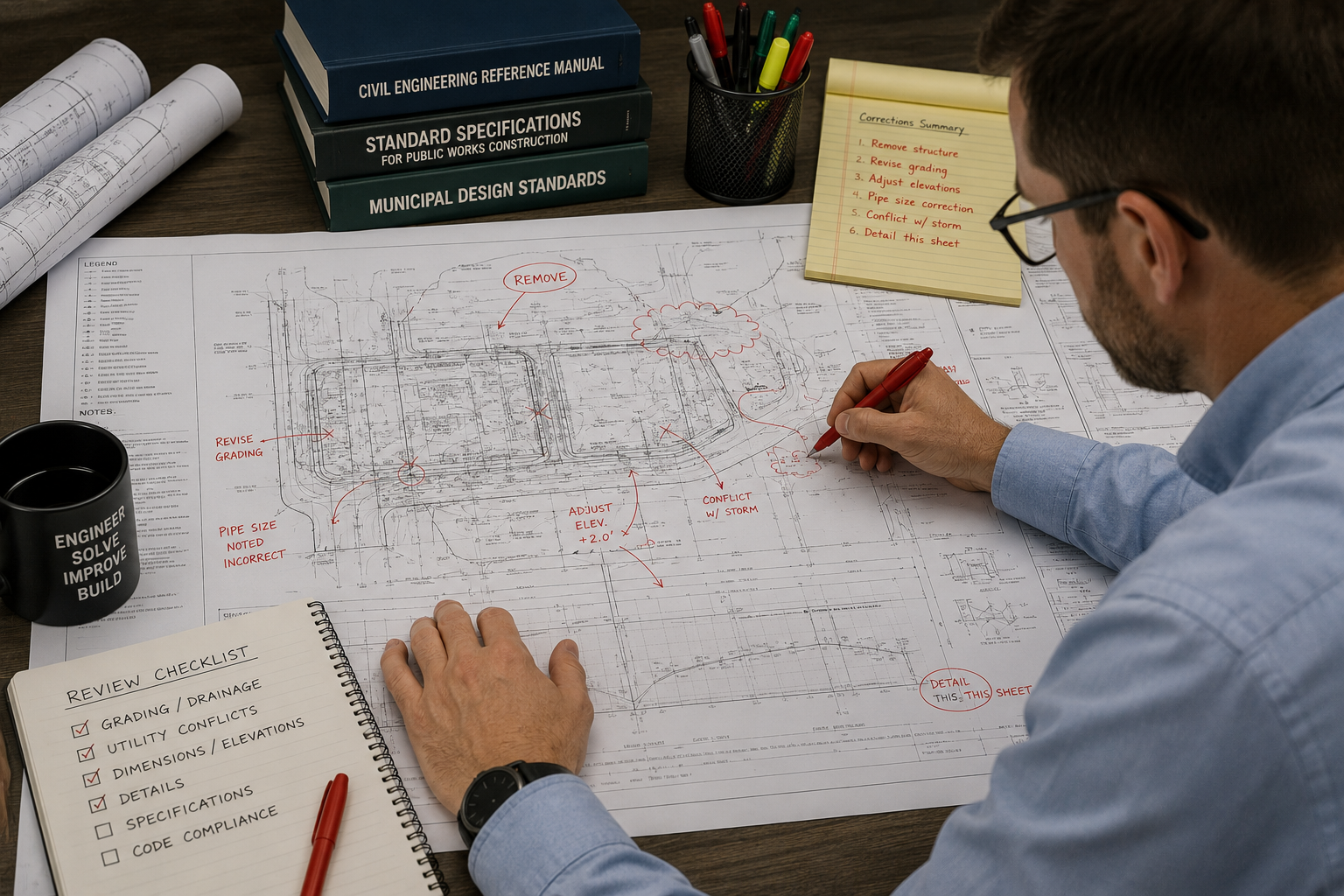 A man reviewing engineering blueprints at a desk with books labeled Civil Engineering Reference Manual, Standard Specifications, and Municipal Design Standards, along with a notepad with a corrections summary, a review checklist, a coffee mug with engineering slogans, and a pen holder with colored markers.