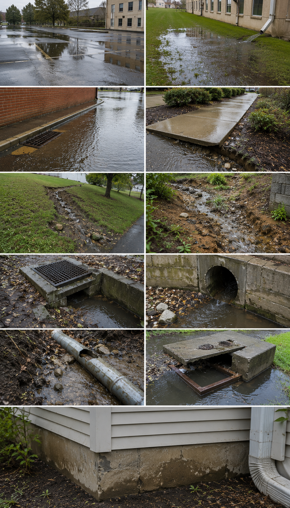 Series of images showing rainwater runoff and drainage issues around buildings, including puddles, small streams, and clogged drains.