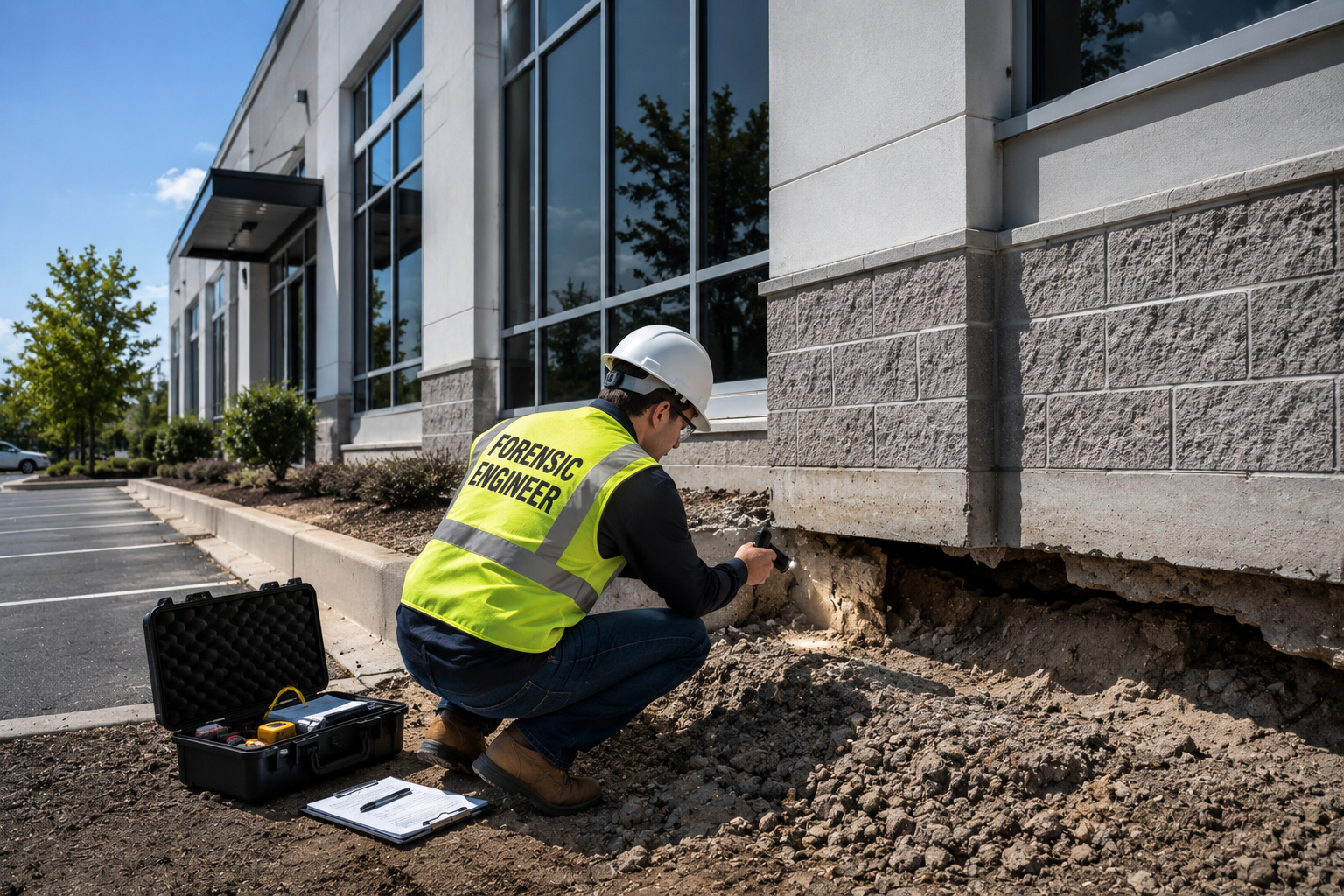 A forensic engineer wearing a yellow vest with text, white hard hat, and glasses crouches near the foundation of a building, inspecting with a device. An open carrying case with tools and a clipboard with papers are on the ground nearby.