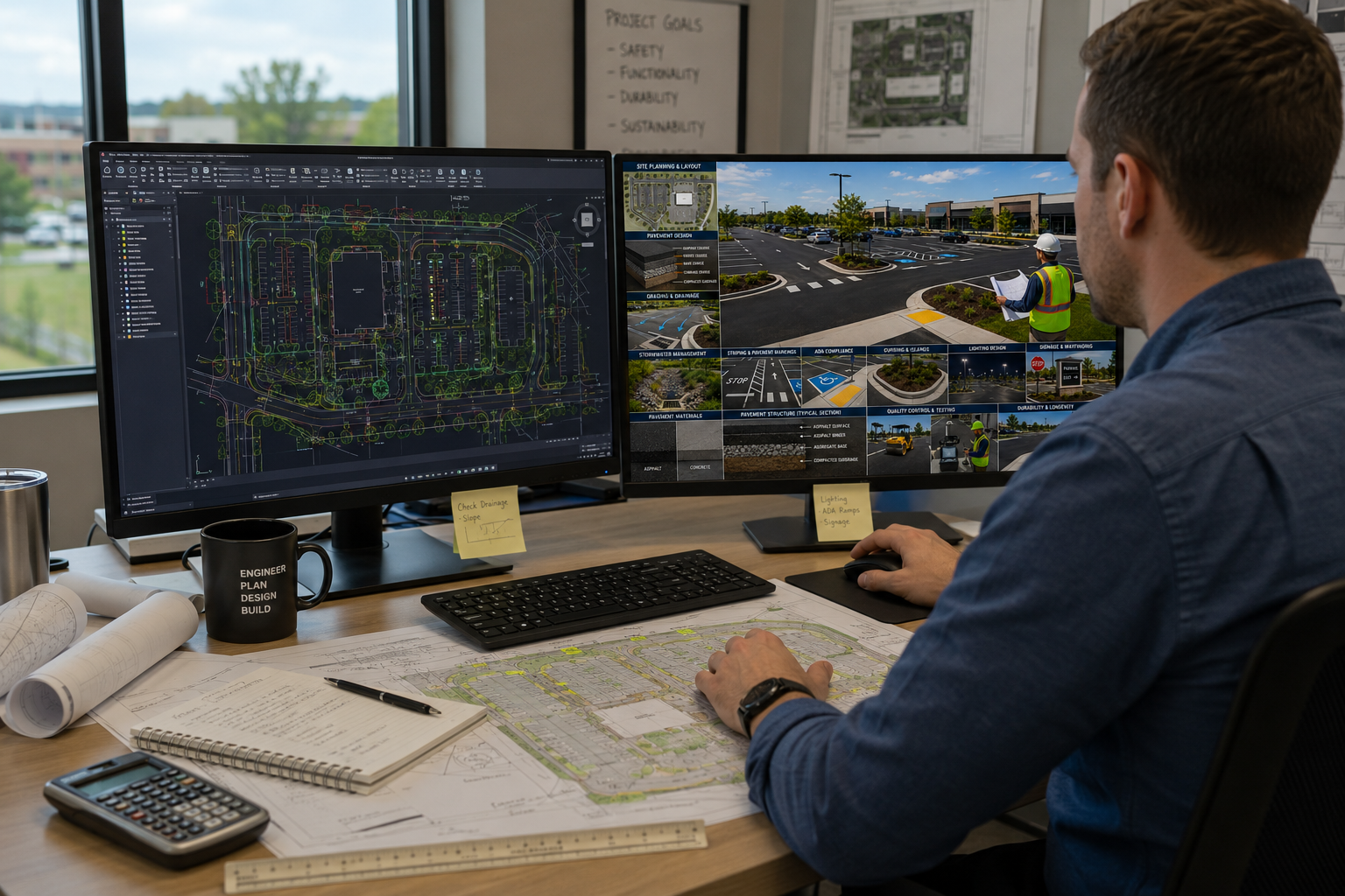 An engineer working at a desk with two monitors displaying construction and site planning designs, architectural drawings, a coffee mug labeled 'Engineer Plan Design Build,' rolled-up blueprints, a calculator, a notepad with notes, a pen, a ruler, and sticky notes with project reminders in an office with large windows and a parking lot view outside.