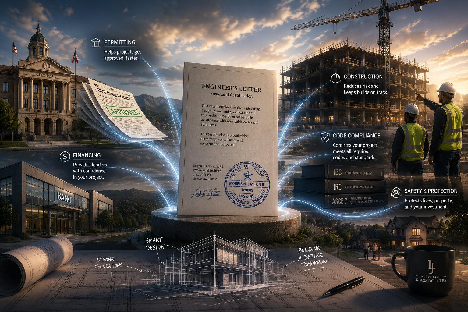A construction site with a city hall, bank, and building under construction. Overlaid graphics highlight aspects like permitting, financing, construction, code compliance, safety, smart design, strong foundations, and building for a better tomorrow. Construction workers wearing safety vests and helmets are discussing the project near the construction site.