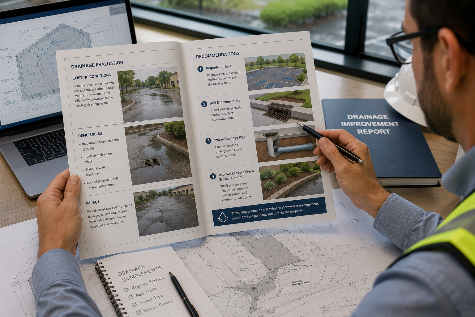 A person reviewing a drainage improvement report with images and recommendations, with a laptop, blue notebook, and technical drawings on the desk.