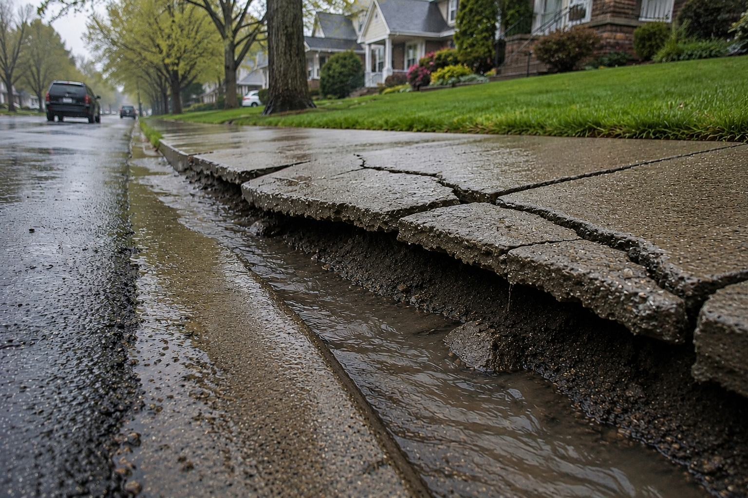 Close-up of a cracked and damaged concrete sidewalk with water runoff in a residential neighborhood, with houses, trees, and cars in the background on a rainy day.
