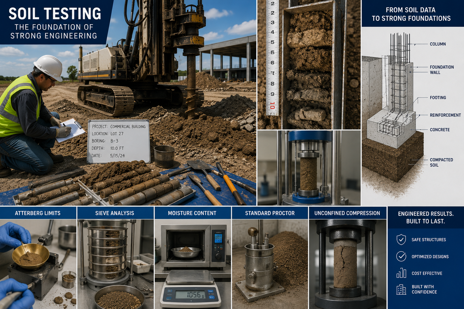 A collage illustrating soil testing processes for construction. Includes a construction worker taking notes on-site, close-up of soil samples, diagrams of reinforced concrete foundations, and laboratory testing of soil samples with tools such as sieve analysis, moisture content tester, standard proctor, and unconfined compression test. Emphasizes the importance of soil analysis for durable and safe building foundations.