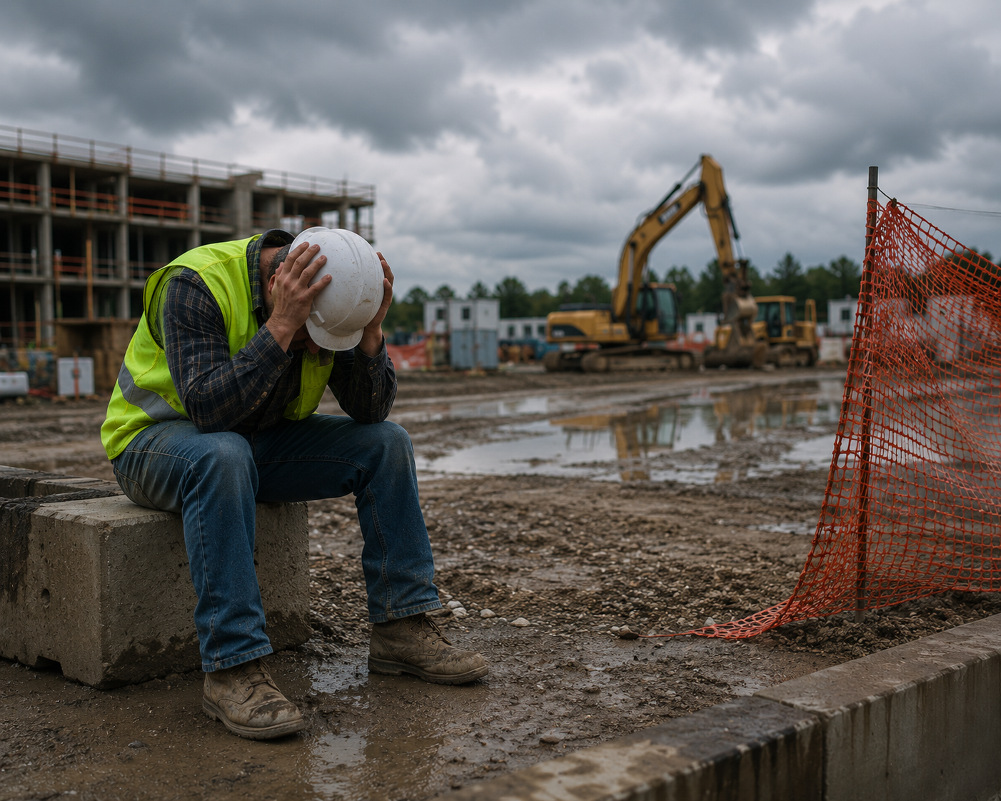 A construction worker wearing a yellow safety vest and a white helmet sitting on a concrete block with his head in his hands, appearing distressed, on a muddy construction site with puddles, construction machinery, and a partially built building in the background under cloudy skies.