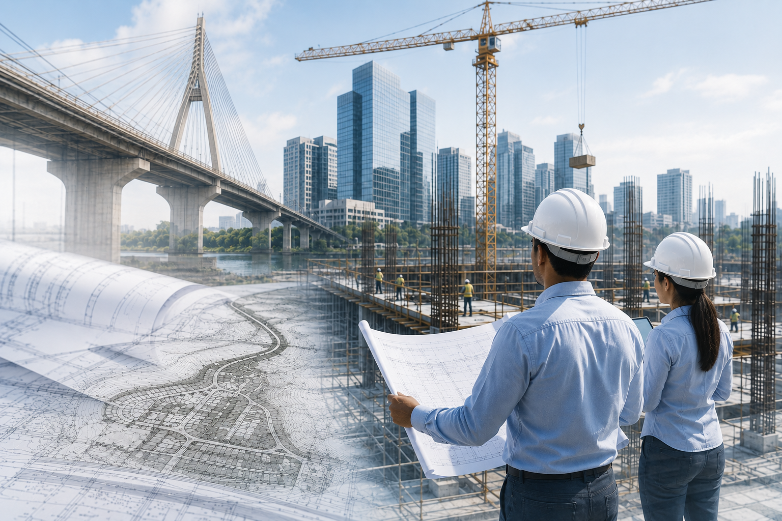 Construction site with workers, a crane, and a city skyline, with two engineers holding blueprints in the foreground.