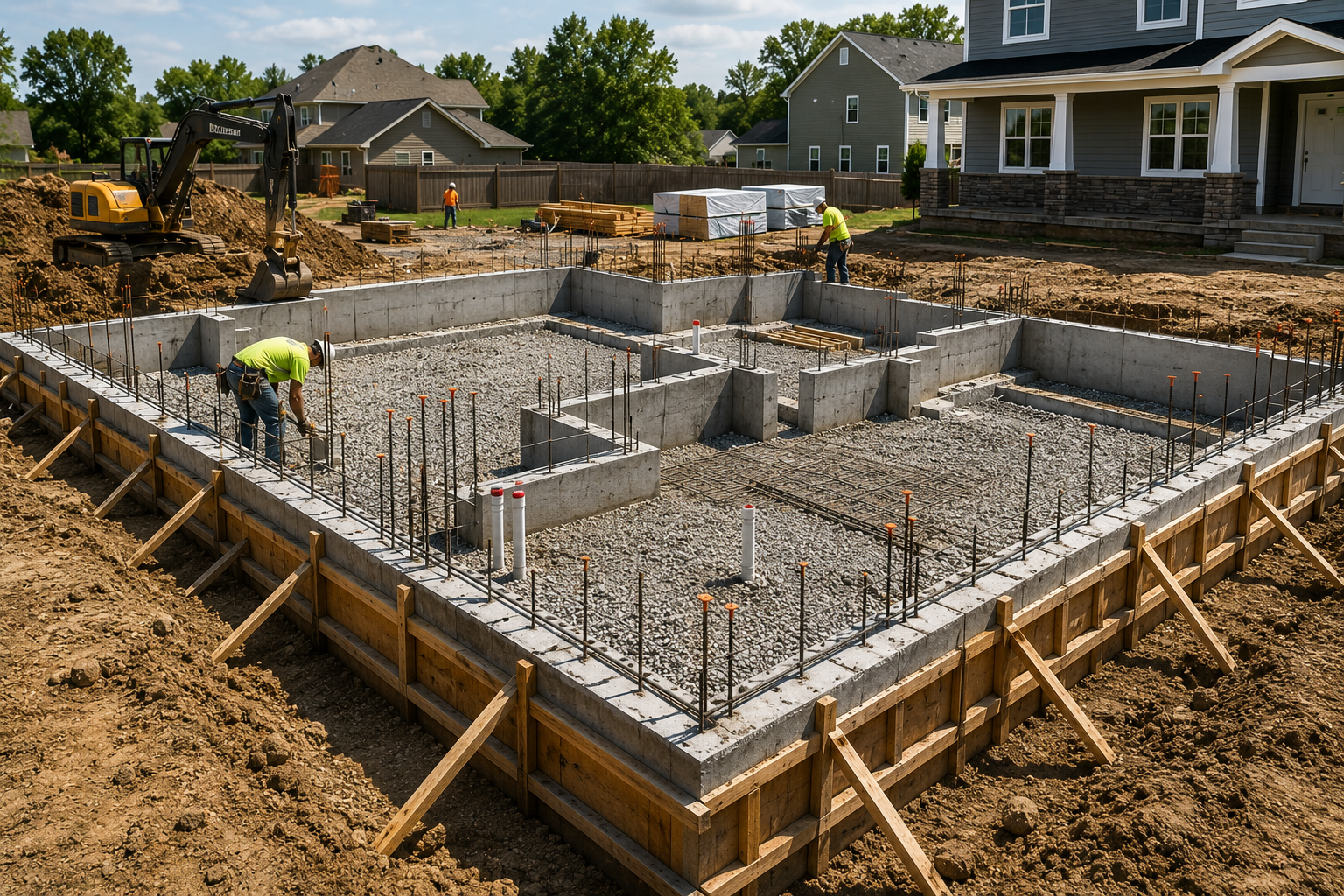 Construction site with concrete foundation and rebar, workers in neon shirts, and an excavator in a residential neighborhood.