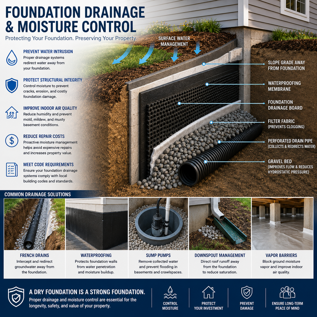 Diagram showing foundation drainage and moisture control layers under and around a house. It includes labeled components such as surface water management, slope grade away from foundation, waterproofing membrane, foundation drainage board, filter fabric, perforated drain pipe, and gravel bed. At the bottom, there are images of common drainage solutions including French drains, waterproofing, sump pumps, downspout management, and vapor barriers.