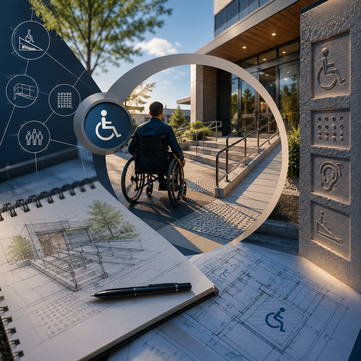 Architectural plans and sketches for wheelchair accessible building entrance, with a man in a wheelchair approaching the entrance of a modern building, during daylight.