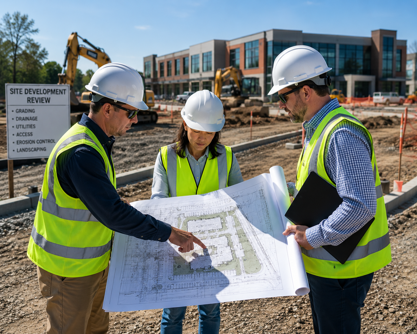 Construction workers reviewing blueprints at a construction site with machinery and a modern building in the background.