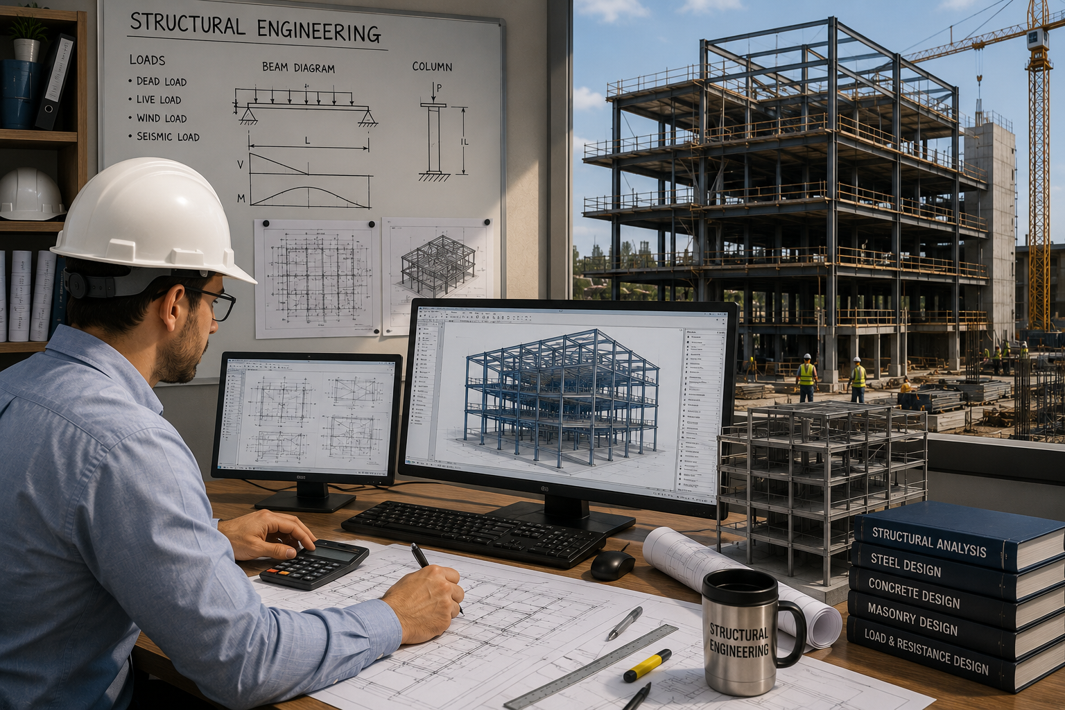 An engineer in a hard hat working at a desk with blueprints, a calculator, and multiple monitors displaying structural building designs, with a construction site and building framework outside the window.
