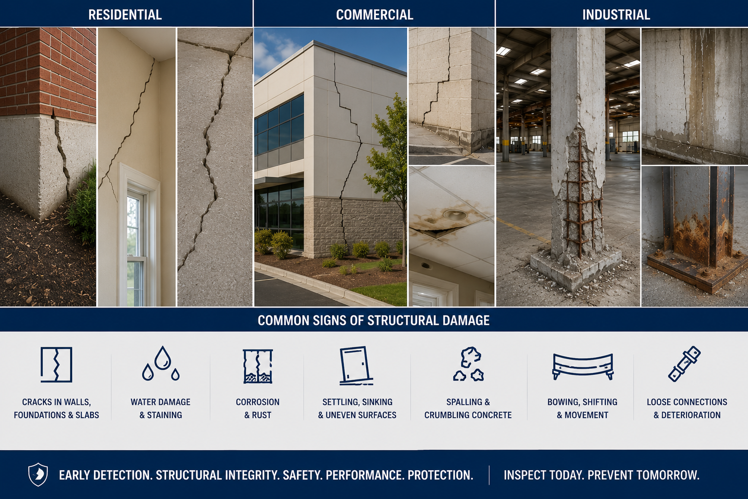 A chart showing signs of structural damage for residential, commercial, and industrial buildings, including cracks, water damage, corrosion, settling, spalling, bowing, and loose connections.