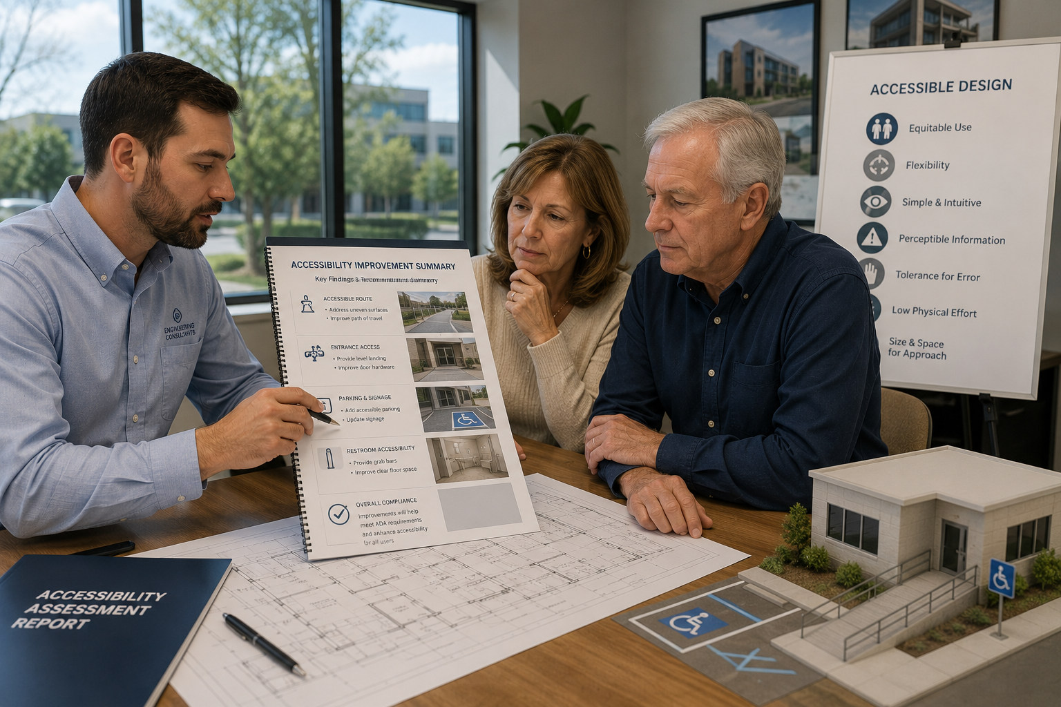 Three people discussing accessibility improvements for a building, with documents and a scale model of the building on a table. A poster behind them lists accessible design features.