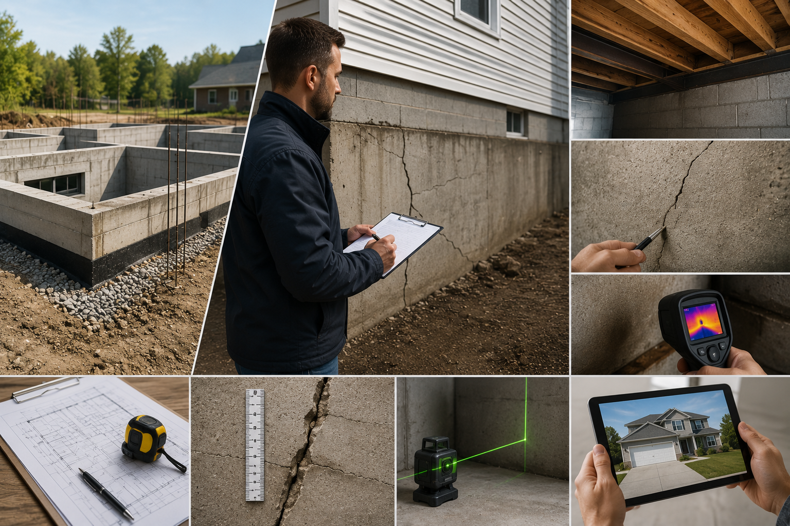 Compilation of images showing construction and inspection of a building foundation, including a worker examining cracks, measuring cracks with tools, using a thermal camera, and a laser level, alongside construction plans and a house with a driveway.
