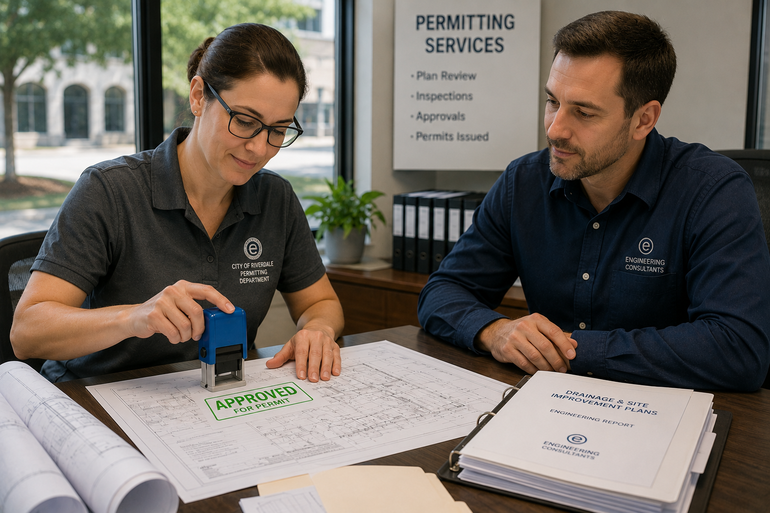 Two engineers reviewing plans at a desk, one stamping a permit with