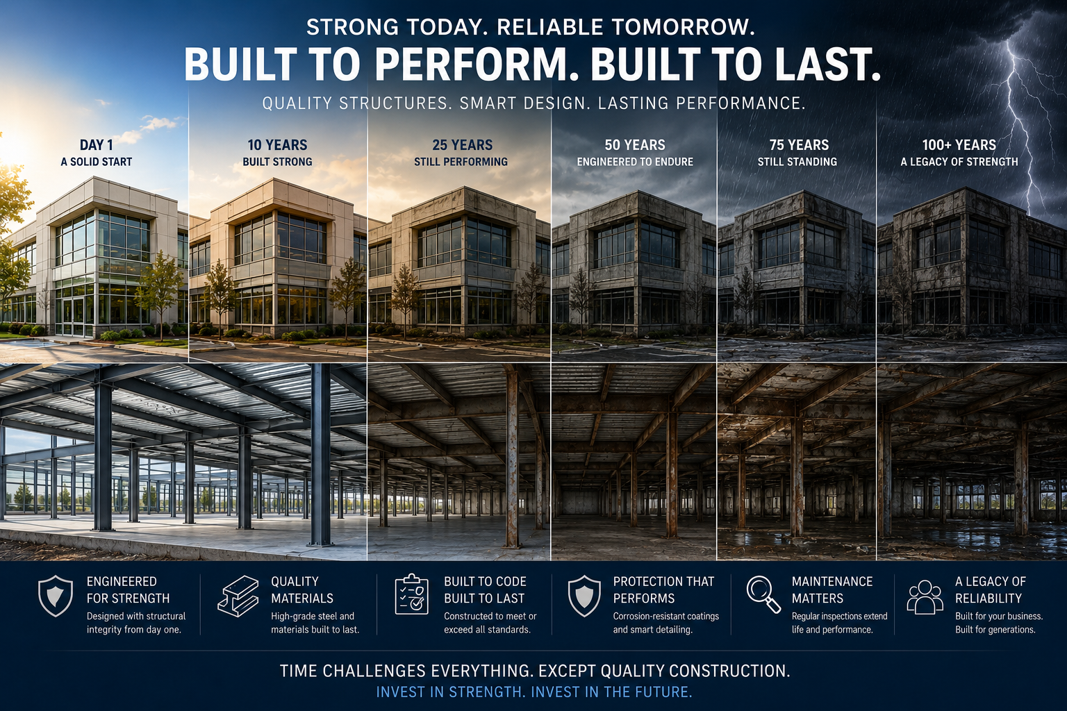 A comparison of a building at various stages over 100+ years. The top row shows the building's exterior from day 1 to over a century later, illustrating the weathering process. The bottom row shows the building's interior, starting with a modern, strong framework and ending with a rusty, aged structure. Text overlays highlight themes of strength, durability, smart design, maintenance, and legacy of reliability, emphasizing the importance of quality construction and investing in strength for long-term performance.