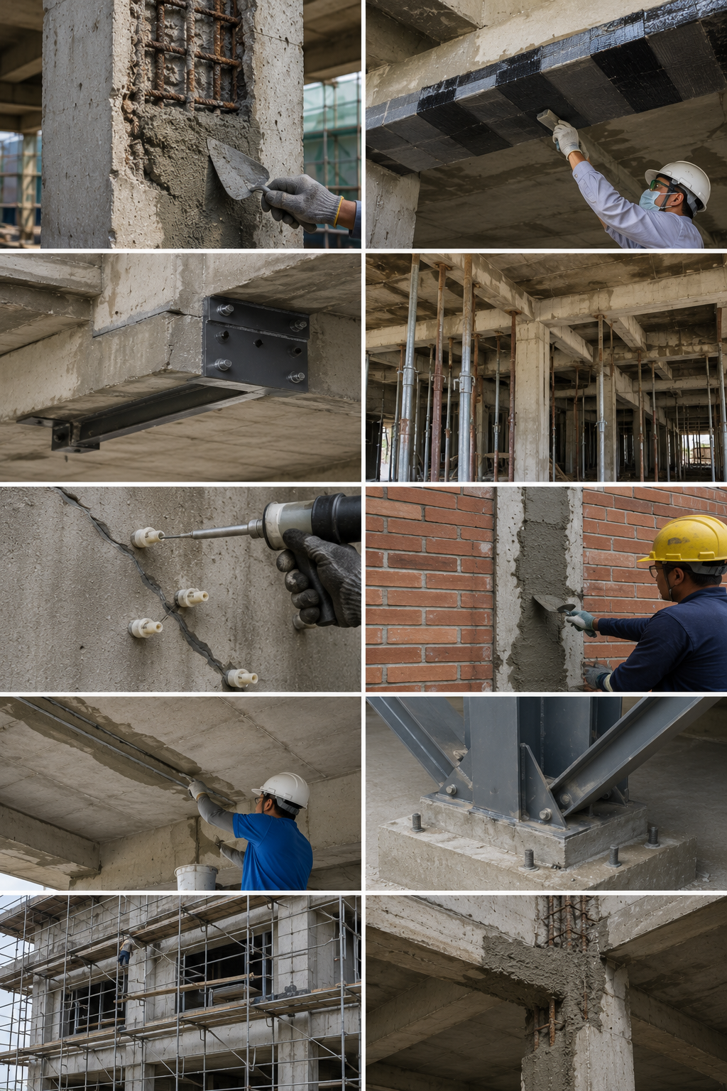 Collage of construction workers performing various tasks on building sites, including applying cement, installing metal braces, attaching electrical wiring, fixing drywall, and working on scaffolding.