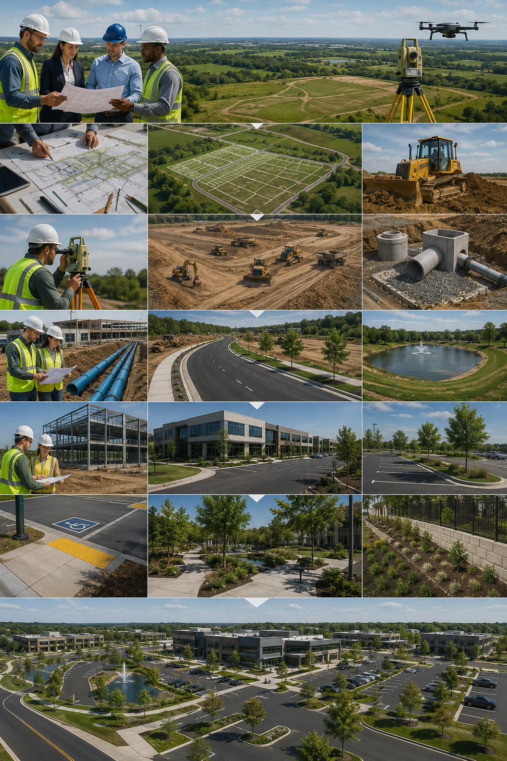 Sequence of images showing the development of a commercial and residential area. The process begins with site planning and surveying with engineers using equipment like drones and total stations. Excavation and installation of infrastructure such as pipes and drainage systems follow. Construction of buildings progresses alongside road and parking lot paving, landscaping, and installation of amenities like fountains and handicap parking. The completed area features modern office buildings, landscaped walkways, parking lots, and a pond with a fountain.