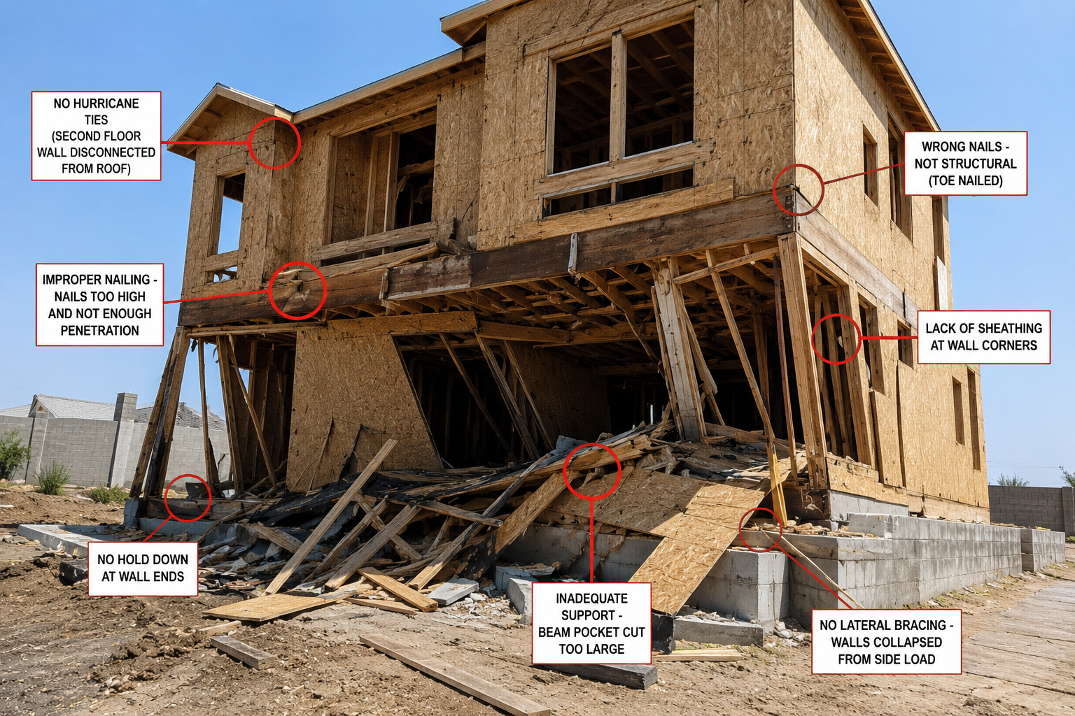 A house under construction with wooden framing and sheathing. Red circles highlight construction issues, including missing hurricane ties, improper nailing, lack of sheathing at wall corners, no hold-downs at wall ends, inadequate support with large beam pockets, wrong nail placement, and no lateral bracing causing walls to collapse from side load.