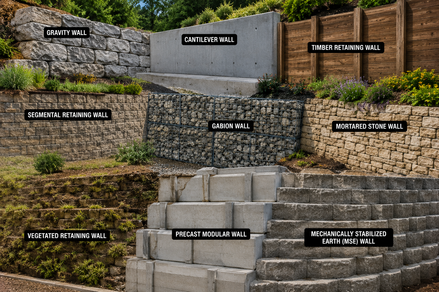 A tiered landscape retaining wall system with various types of walls labeled, including a gravity wall, cantilever wall, timber retaining wall, segmental retaining wall, gabion wall, mortared stone wall, vegetated retaining wall, precast modular wall, and mechanically stabilized earth wall, with trees and plants in the background.