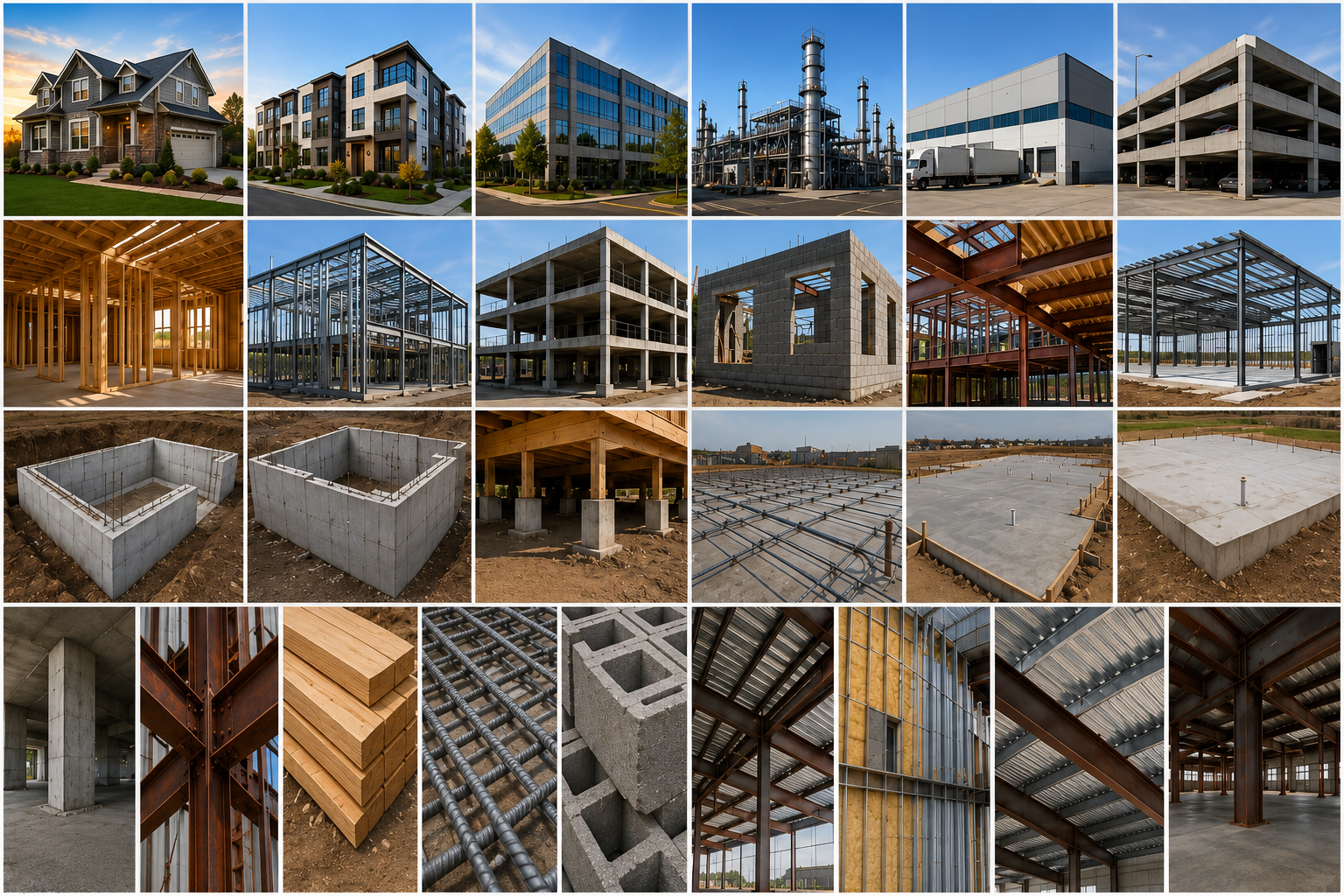 A collage of various buildings, construction sites, and structural elements in different stages of development, including residential houses, commercial buildings, steel frameworks, concrete foundations, and construction materials.