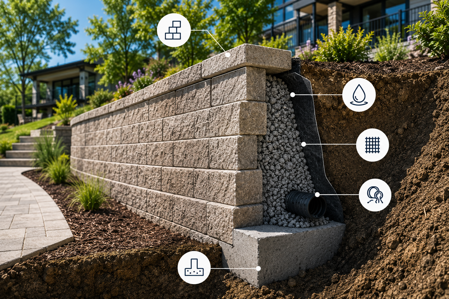 Diagram of a retaining wall with four labeled layers: concrete blocks, drainage grid, gravel, and a drainage pipe, with trees, plants, and a house in the background.