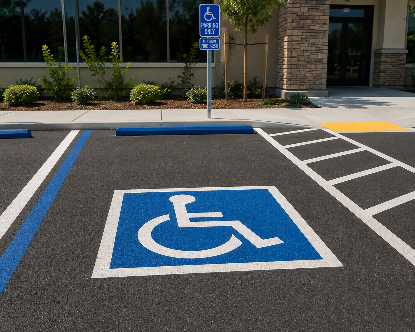 A parking space designated for people with disabilities marked with a blue and white wheelchair symbol painted on the asphalt, with a blue striped line marking the space.