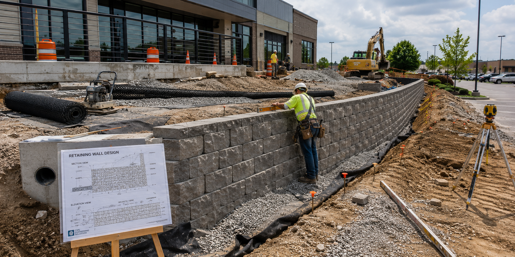 Construction workers building a retaining wall using large stone blocks outside a commercial building, with construction equipment and a parking lot visible in the background.