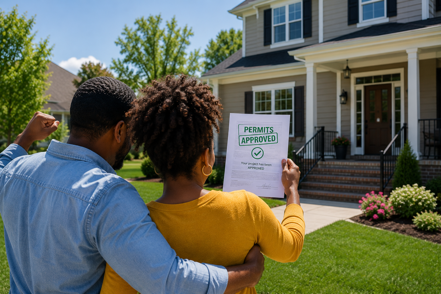 A couple stands in front of a house on a sunny day, celebrating with one holding a permit approval notice that says "PERMITS APPROVED" and "Your project has been APPROVED."